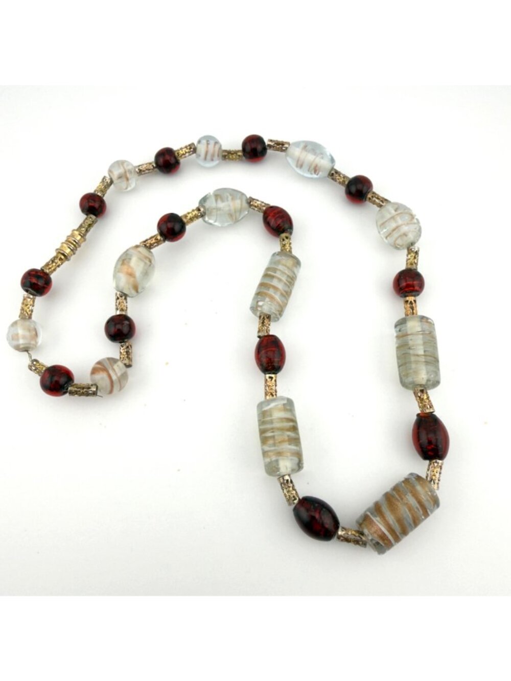 Art Glass Bead Necklace Studio Handmade Red Clear Gold Foil 20” - Picture 4 of 9